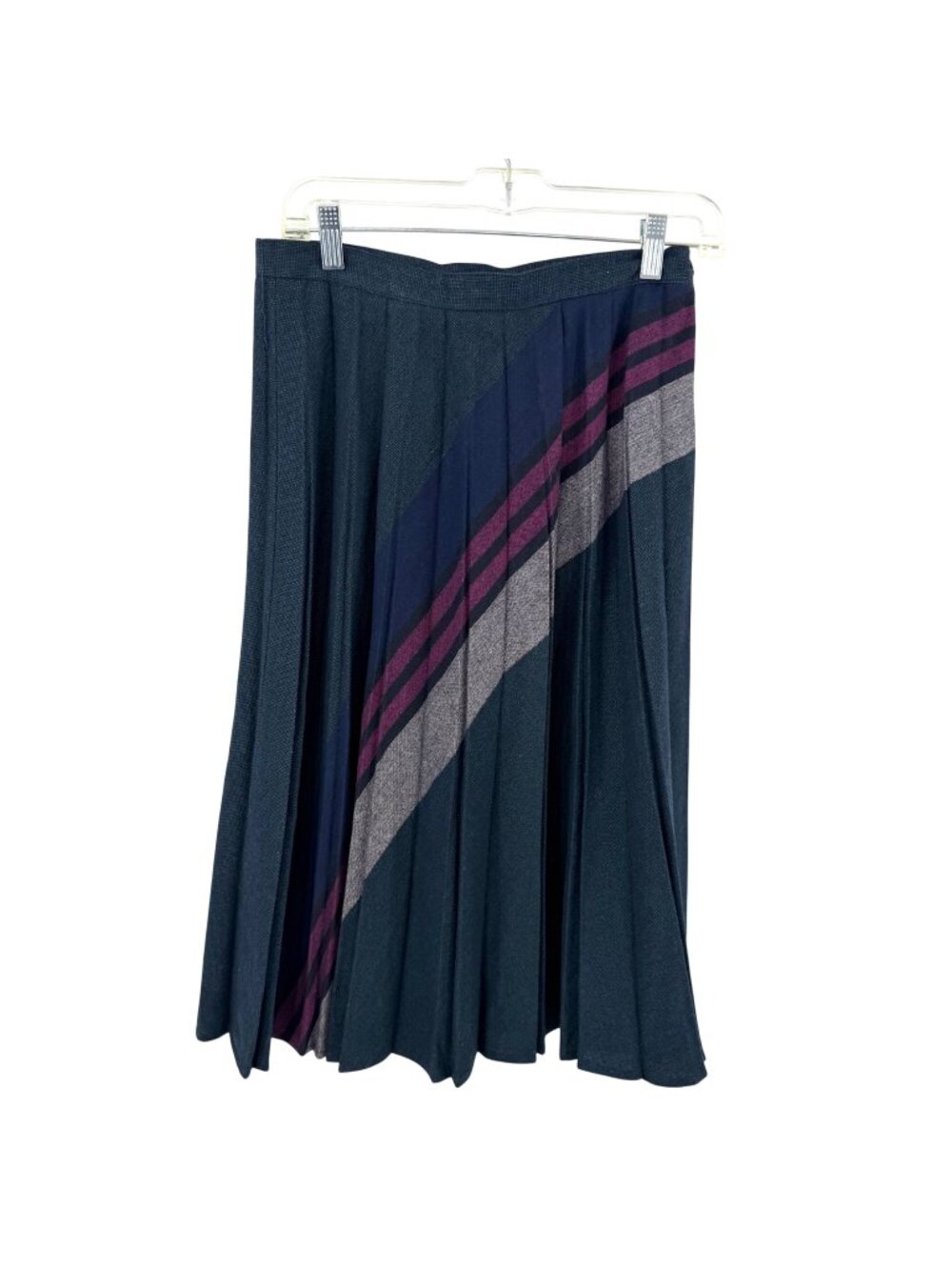 VTG PERSONAL MIDI PLEATED SKIRT W/ GRAY BLUE PURPLE DIAGONAL STRIPES USA MADE 14